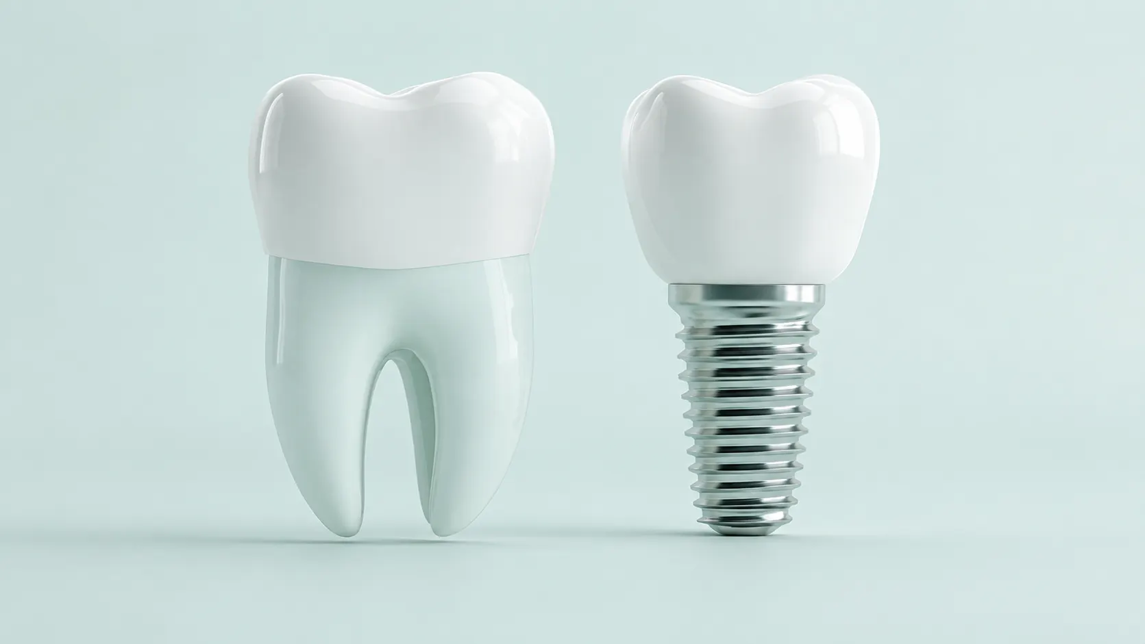 Une dent naturelle et un implant dentaire côte à côte : l'implant remplace la racine de la dent